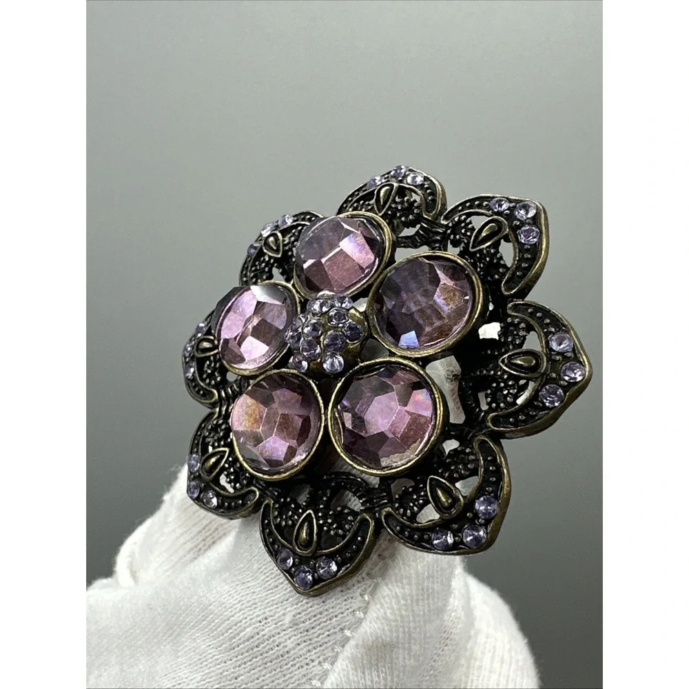 Vintage-Antique Bronze Purple Rhinestone Flower Brooch/pendant #876
